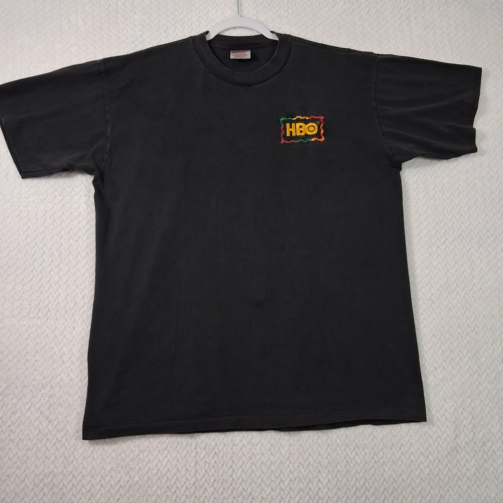 Vintage Oneita T-Shirt HBO LOGO PATCH Mens XL Faded Black.